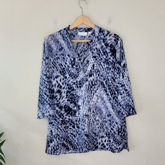 Chico's | Blue Animal Print Blouse with Sequin Neckline - Picture 2 of 7